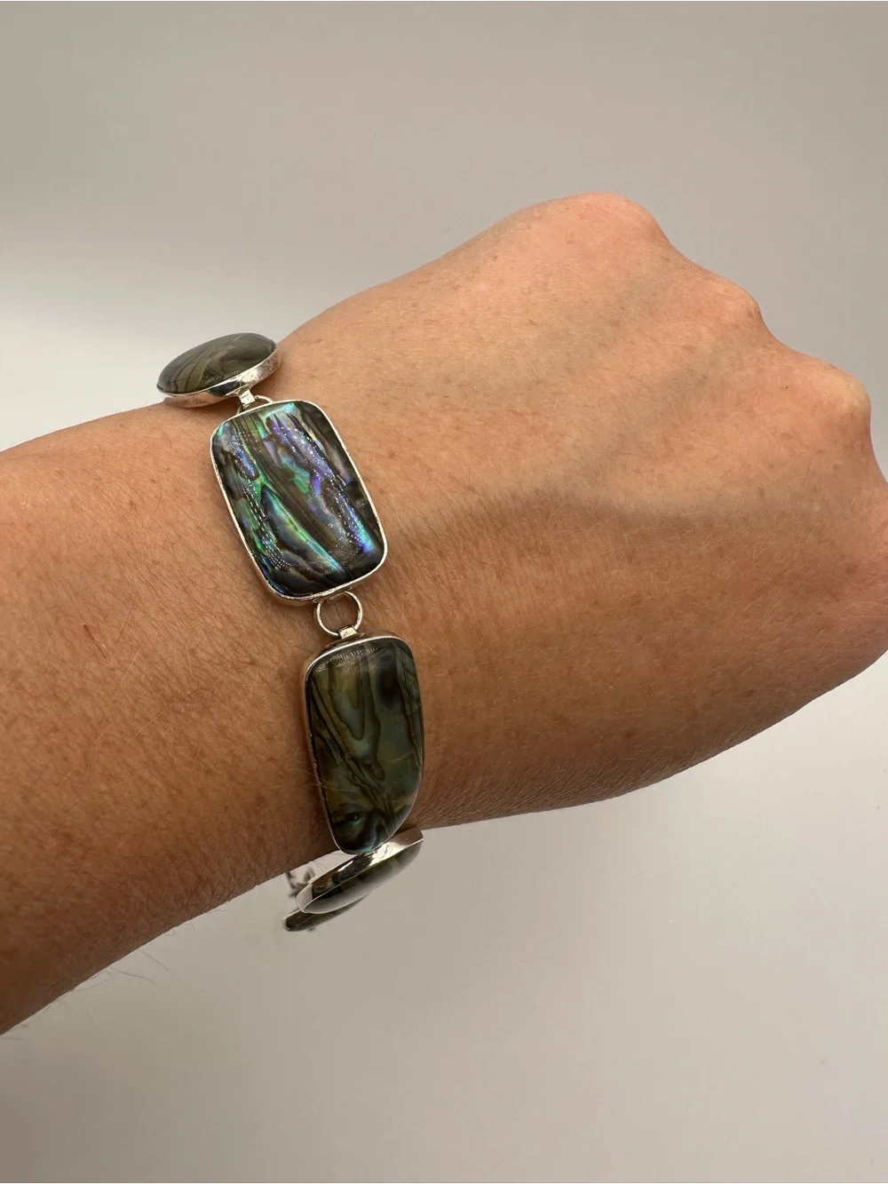 Lucas Lameth 925 Silver Abalone Stone Chain Link Ladies Toggle Bracelet